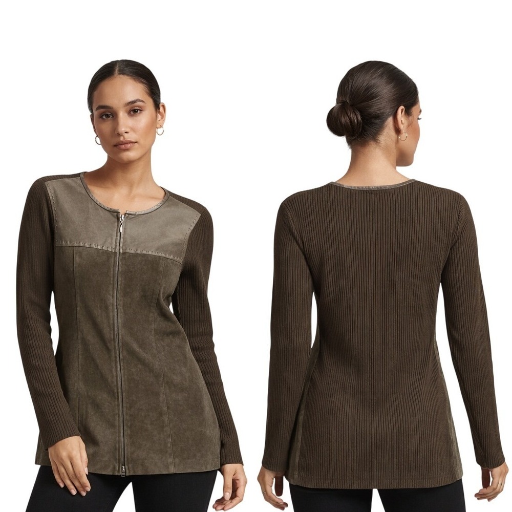 ESCAPADE Women‎ Brown Suede Leather Knit Zip Up Jacket Size M Ribbed Workingcore